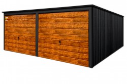 GARAŽAS LUX 6x4 – STOGO NUOLYDIS Į GALĄ, MEDŽIO IMITACIJOS PAKELIAMI VARTAI, STOGO IR KAMPŲ SKARDOS