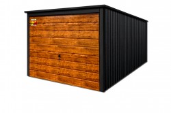 GARAŽAS LUX 2x6 – STOGO NUOLYDIS Į GALĄ, MEDŽIO IMITACIJOS PAKELIAMI VARTAI, STOGO IR KAMPŲ SKARDOS