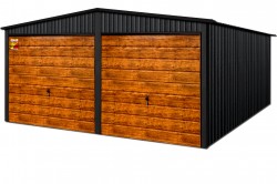 GARAŽAS LUX 6x7 – DVIŠLAITIS STOGAS, MEDŽIO IMITACIJOS PAKELIAMI VARTAI, STOGO IR KAMPŲ SKARDOS APDA