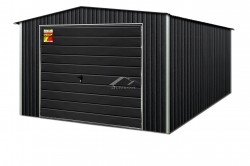 GRAFITO SPALVOS SKARDINIS GARAŽAS LUX 4x9 – DVIŠLAITIS STOGAS, PAKELIAMI VARTAI