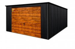 GARAŽAS LUX 4x5 – STOGO NUOLYDIS Į GALĄ, MEDŽIO IMITACIJOS PAKELIAMI VARTAI, STOGO IR KAMPŲ SKARDOS